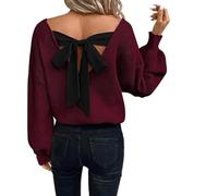 Générique Womens Bow Back Sweater Sexy V Neck Chunky Knit Sweaters,Women's Bow Tie Back Sweater,Casual Long Sleeve V Neck Loose Fit Knit Tops,Backless Bow Tied Sweaters V Neck (Red,Grand)