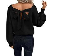Générique Womens Bow Back Sweater Sexy V Neck Chunky Knit Sweaters,Women's Bow Tie Back Sweater,Casual Long Sleeve V Neck Loose Fit Knit Tops,Backless Bow Tied Sweaters V Neck (Black,3TG)