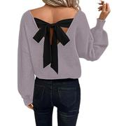 Générique Womens Bow Back Sweater Sexy V Neck Chunky Knit Sweaters,Women's Bow Tie Back Sweater,Casual Long Sleeve V Neck Loose Fit Knit Tops,Backless Bow Tied Sweaters V Neck (Purple,Grand)