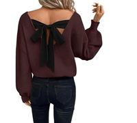 Générique Womens Bow Back Sweater Sexy V Neck Chunky Knit Sweaters,Women's Bow Tie Back Sweater,Casual Long Sleeve V Neck Loose Fit Knit Tops,Backless Bow Tied Sweaters V Neck (Coffee,TTG)