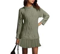 Générique Womens Cable Knit Sweater Dress Crewneck Long Sleeve Pleated Twofer Style Patchwork Casual Mini Dress -for Womens (Army Green,S)