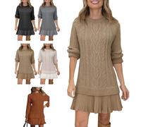 Générique Womens Cable Knit Sweater Dress Crewneck Patchwork Pleated Dresses Twofer Style Long Sleeve Mini Dress 2025 New (Light Brown, L)