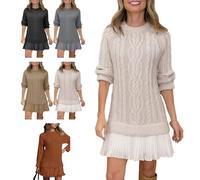 Générique Womens Cable Knit Sweater Dress Crewneck Patchwork Pleated Dresses Twofer Style Long Sleeve Mini Dress 2025 New (Apricot, S)