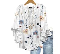 Générique Women's Casual Boho Floral Print Tops Loose V Neck 3/4 Wave Bell Sleeve Flowy Shirts Summer Blouses for Women (G,3TG)