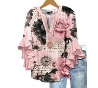 Générique Women's Casual Boho Floral Print Tops Loose V Neck 3/4 Wave Bell Sleeve Flowy Shirts Summer Blouses for Women (D,M)
