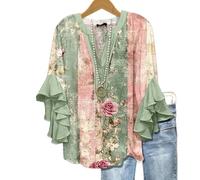 Générique Women's Casual Boho Floral Print Tops Loose V Neck 3/4 Wave Bell Sleeve Flowy Shirts Summer Blouses for Women (A,S)