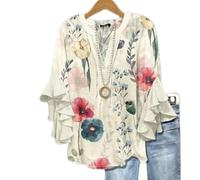 Générique Women's Casual Boho Floral Print Tops Loose V Neck 3/4 Wave Bell Sleeve Flowy Shirts Summer Blouses for Women (F,TTG)