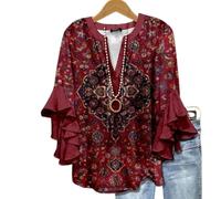 Générique Women's Casual Boho Floral Print Tops Loose V Neck 3/4 Wave Bell Sleeve Flowy Shirts Summer Blouses for Women (E,TTG)