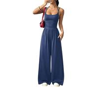 Générique Womens Casual Jumpsuit Spaghetti Strap Square Neck Smocked Wide Leg Long Pants All-in-One Summer Outfit