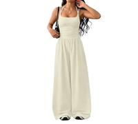 Générique Womens Casual Jumpsuit Spaghetti Strap Square Neck Smocked Wide Leg Long Pants All-in-One Summer Outfit