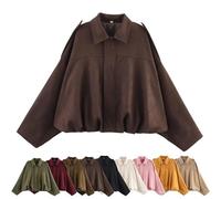 Générique Women's Casual Lapel Faux Suede Cropped Jacket, Spring Lapel Pilot Coat Y2k Going Out Jackets Outerwear (Coffee,M)