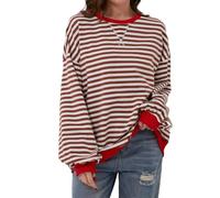 Générique Womens Casual Striped Tops Long Sleeve Shirts for Teen Girls Crewneck Oversized Sweatshirts 2025 Trendy Fall Clothes (Red,M)