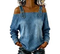 Générique Women's Casual Washed Denim Cold Shoulder Buckle Strap Long Sleeve, Blouse Women's Sleeveless Denims Shirt (Blue,M)