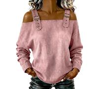 Générique Women's Casual Washed Denim Cold Shoulder Buckle Strap Long Sleeve, Blouse Women's Sleeveless Denims Shirt (Pink,M)