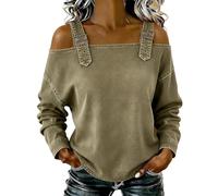 Générique Women's Casual Washed Denim Cold Shoulder Buckle Strap Long Sleeve, Blouse Women's Sleeveless Denims Shirt (Khaki,M)
