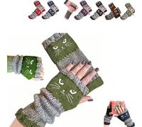 Générique Women's Cat Embroidery Fingerless Gloves, Knitted Splicing Warm for Outdoor Work, Typing Winter (Green)