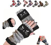 Générique Women's Cat Embroidery Fingerless Gloves, Knitted Splicing Warm for Outdoor Work, Typing Winter (Black)