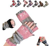 Générique Women's Cat Embroidery Fingerless Gloves, Knitted Splicing Warm for Outdoor Work, Typing Winter (Pink)
