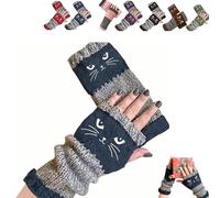 Générique Women's Cat Embroidery Fingerless Gloves, Knitted Splicing Warm for Outdoor Work, Winter (Blue)