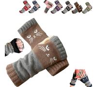 Générique Women's Cat Embroidery Fingerless Gloves, Knitted Splicing Warm for Outdoor Work, Winter (Khaki)