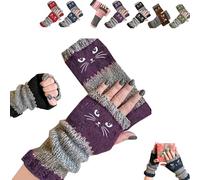 Générique Women's Cat Embroidery Fingerless Gloves, Knitted Splicing Warm for Outdoor Work, Winter (Purple)