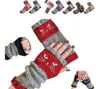 Générique Women's Cat Embroidery Fingerless Gloves, Knitted Splicing Warm for Outdoor Work, Winter (Red)
