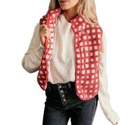Générique Women's Checkered Polar Fleece Vest Checkered Sherpa Vest Fall Winter Sleeveless Zip Up Warm Collared Outerwear Vests (Red,S)