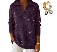 Générique Women's Christmas Party Polo Collar Sweater, Casual V Neck Shiny Loose Sweaters, Elegant Retro Soft Knit Sparkly Sweaters