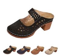 Générique Women's Closed Toe Chunky Heel Sandals Slip On Block Heel Walking Slides Shoes Mules for Women Orthopedic Dressy Summer Boho Beach Beach Casual Hollow Out Comfort Slippers (Black,37)