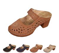 Générique Women's Closed Toe Chunky Heel Sandals Slip On Block Heel Walking Slides Shoes Mules for Women Orthopedic Dressy Summer Boho Beach Beach Casual Hollow Out Comfort Slippers (Brown,38)