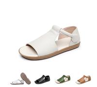 Générique Women's Cow Genuine Leather Flats - Women's Summer Open-Toe Sandals,Flats Roman Sandals Comfort Soft Sole Non-Slip Beach Walking Shoes (White,36)