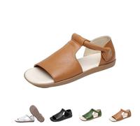 Générique Women's Cow Genuine Leather Flats - Women's Summer Open-Toe Sandals,Flats Roman Sandals Comfort Soft Sole Non-Slip Beach Walking Shoes (Khaki,35)