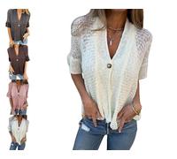 Générique Women's Crochet Cardigan Summer Lightweight Hollow Out Short Sleeve Hollow V Neck Button Down Open Front Loose Knit Sweater (White,Grand)
