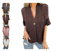 Générique Women's Crochet Cardigan Summer Lightweight Hollow Out Short Sleeve Hollow V Neck Button Down Open Front Loose Knit Sweater (Brown,Grand)