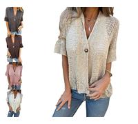 Générique Women's Crochet Cardigan Summer Lightweight Hollow Out Short Sleeve Hollow V Neck Button Down Open Front Loose Knit Sweater (Khaki,Grand)