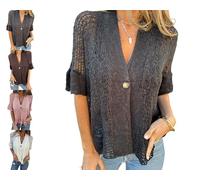 Générique Women's Crochet Cardigan Summer Lightweight Hollow Out Short Sleeve Hollow V Neck Button Down Open Front Loose Knit Sweater (Black,3TG)