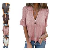 Générique Women's Crochet Cardigan Summer Lightweight Hollow Out Short Sleeve Hollow V Neck Button Down Open Front Loose Knit Sweater (Pink,3TG)