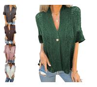 Générique Women's Crochet Cardigan Summer Lightweight Hollow Out Short Sleeve Hollow V Neck Button Down Open Front Loose Knit Sweater (Green,M)