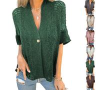 Générique Women's Crochet Cardigan Summer Lightweight Hollow Out Short Sleeve V Neck Button Down Open Front Loose Knit Sweater (Green,TTG)