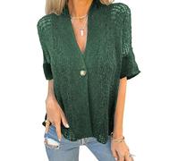 Générique Women's Crochet Cardigan Summer Lightweight Hollow Out Short Sleeve V Neck Button Down Open Front Loose Knit Sweater (Green,TG)