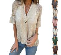 Générique Women's Crochet Cardigan Summer Lightweight Hollow Out Short Sleeve V Neck Button Down Open Front Loose Knit Sweater (Apricot,S)