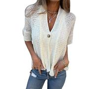 Générique Women's Crochet Cardigan Summer Lightweight Hollow Out Short Sleeve V Neck Button Down Open Front Loose Knit Sweater (White,TTG)