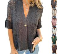 Générique Women's Crochet Cardigan Summer Lightweight Hollow Out Short Sleeve V Neck Button Down Open Front Loose Knit Sweater (Black,Grand)
