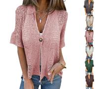 Générique Women's Crochet Cardigan Summer Lightweight Hollow Out Short Sleeve V Neck Button Down Open Front Loose Knit Sweater (Pink,S)