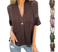 Générique Women's Crochet Cardigan Summer Lightweight Hollow Out Short Sleeve V Neck Button Down Open Front Loose Knit Sweater (Brown,M)
