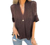 Générique Women's Crochet Cardigan Summer Lightweight Hollow Out Short Sleeve V Neck Button Down Open Front Loose Knit Sweater (Brown,TTG)
