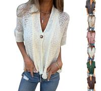 Générique Women's Crochet Cardigan Summer Lightweight Hollow Out Short Sleeve V Neck Button Down Open Front Loose Knit Sweater (White,Grand)