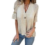 Générique Women's Crochet Cardigan Summer Lightweight Hollow Out Short Sleeve V Neck Button Down Open Front Loose Knit Sweater (Apricot,3TG)