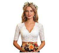 Générique Women's Dirndl Blouse Lace Traditional WhiteBlouse,Short Sleeve Oktoberfest Dirndl，Half Sleeve Costume Blouse V Neck Costume (White, XL)