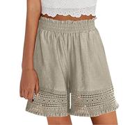 Générique Women's Elastic High Waist Lace Hollow Out Cotton Shorts, Yoga Lounge Casual Ruffled Eyelet Hem Comfy Stretch Shorts (Khaki,TTG)